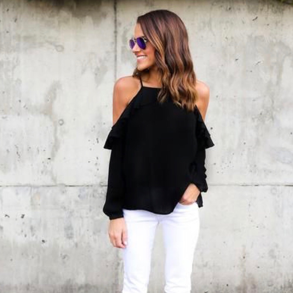 Black ruffle long sleeve tunic